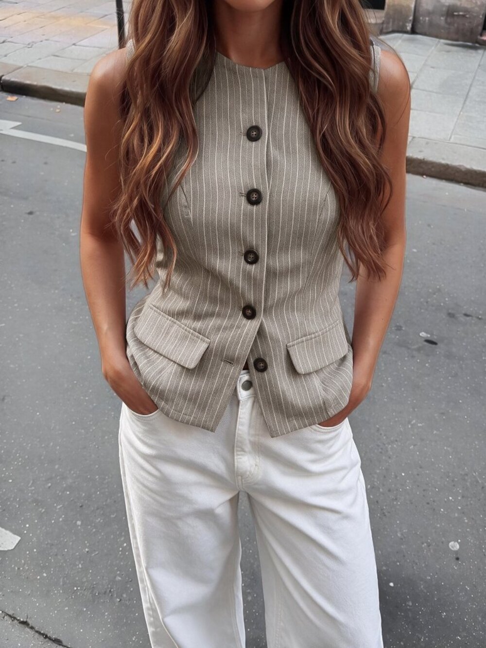 Multicolor Casual Women's Striped Sleeveless Button Front Vest
